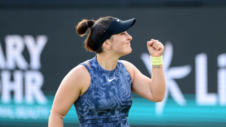 Bianca Andreescu pumps her fist during a win at the Libema Open.