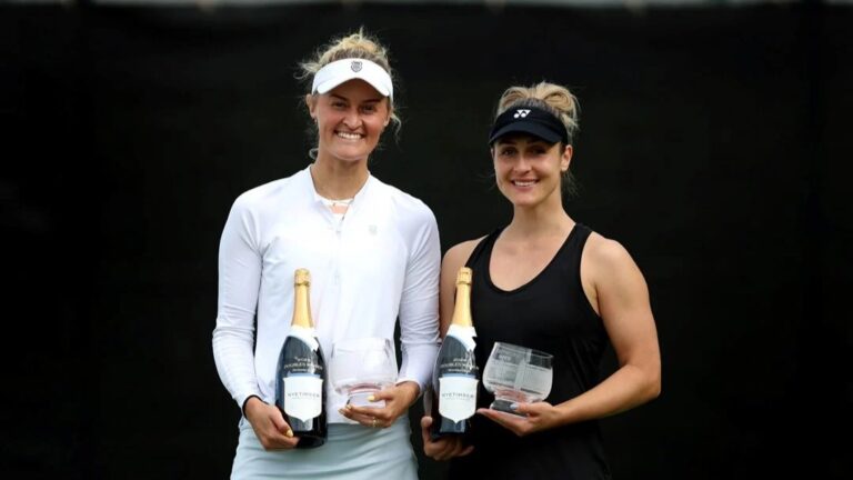Erin Routliffe and Gabriela Dabrowski (right) hold their Nottingham trophies. Dabrowski and Bianca Andreescu both reached finals on grass.