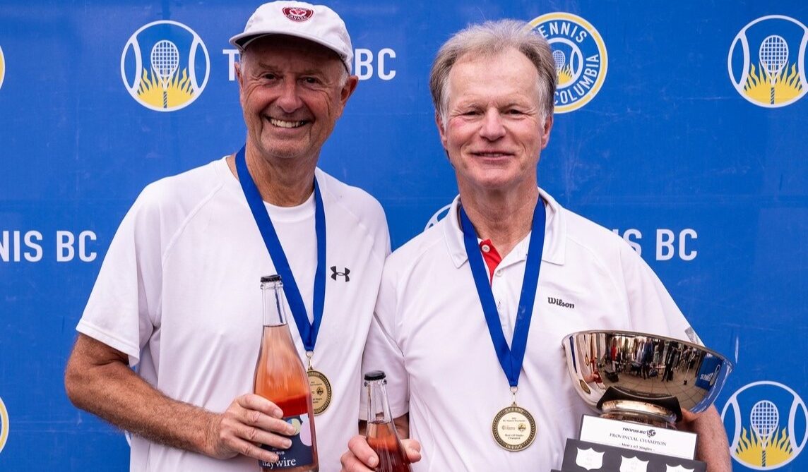 65+ finalists at the Masters event in Vancouver Robert Bettauer (right) and David Fairbotham hold their trophies.