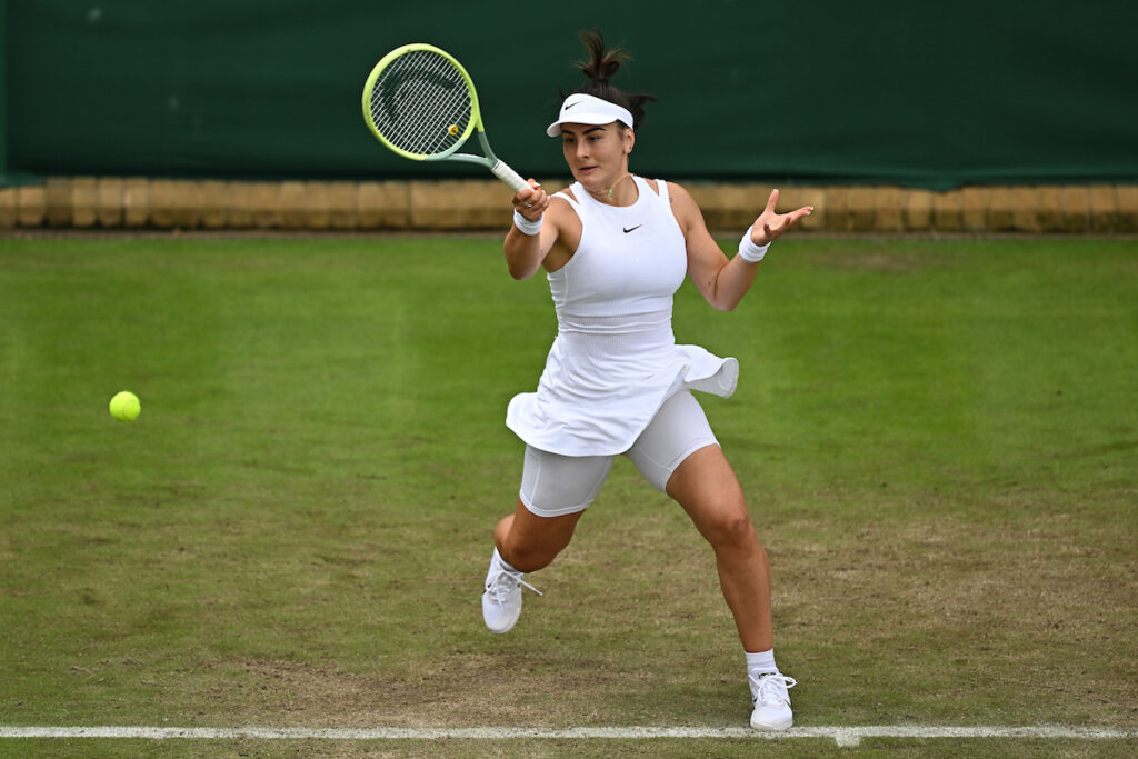 Bianca Andreescu gets low for a forehand in the second round of Wimbledon 2024