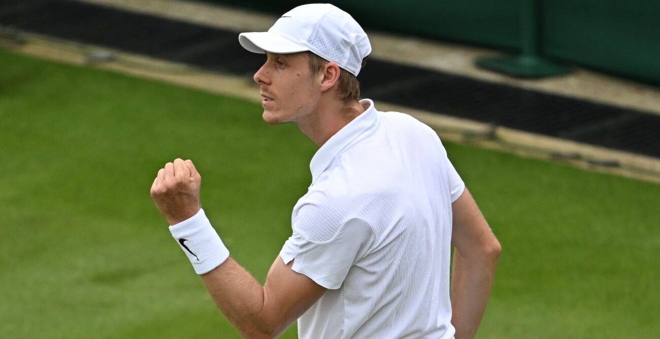 Denis Shapovalov pumps his fist. He beat Daniel Altmaier on Thursday at Wimbledon in five sets.