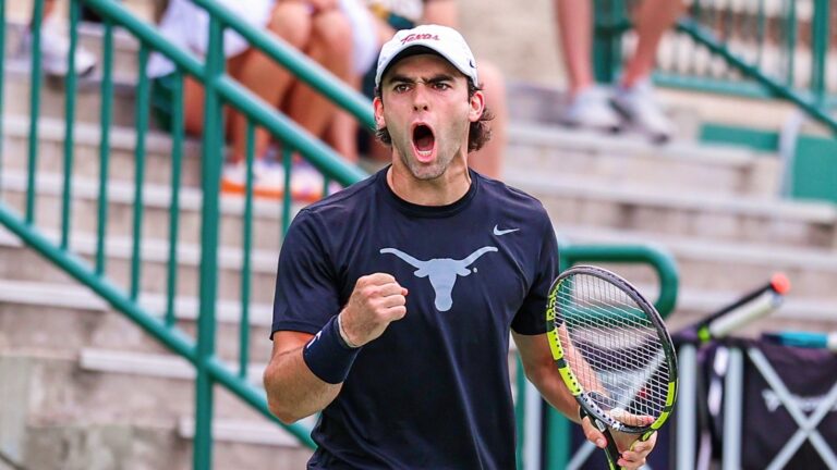 Eliot Spizzirri pumps his fist. He won the ITF event in Laval last week.