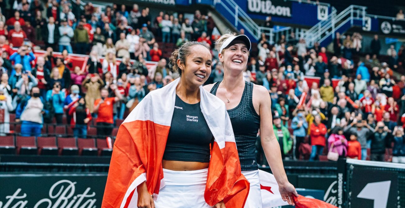 Leylah Fernandez (front) and Gabriela Dabrowski (back) smile. They are two of five Canadians competing at the Paris Olympics in tennis.