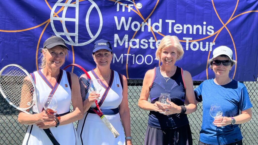 Four Canadians pose with their trophies at the ITF Masters event in Ottawa.