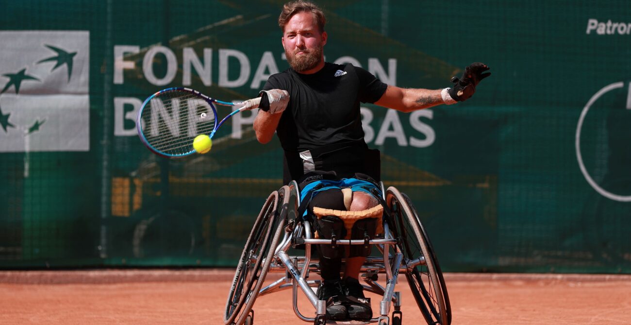 Rob Shaw hits a forehand. He will be the lone Canadian competing in the wheelchair tennis event at the 2024 Paralympics.