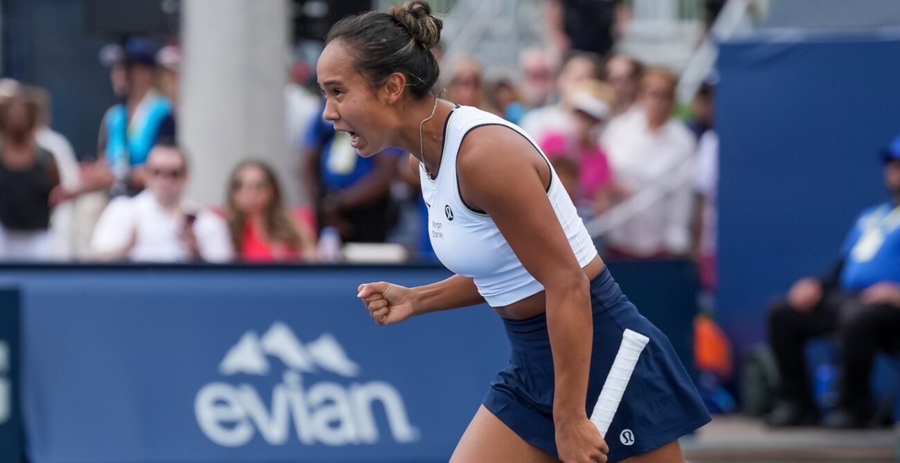 Leylah Fernandez pumps her fist and yells. She reached the doubles final in Cincinnati but lost in singles to Jessica Peglua.