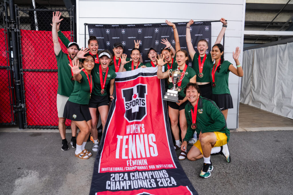 The University of Alberta Pandas pose after winning the USPORTS Canadian University Tennis Championships