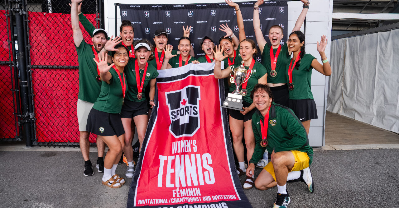 The University of Alberta Pandas pose after winning the USPORTS Canadian University Tennis Championships