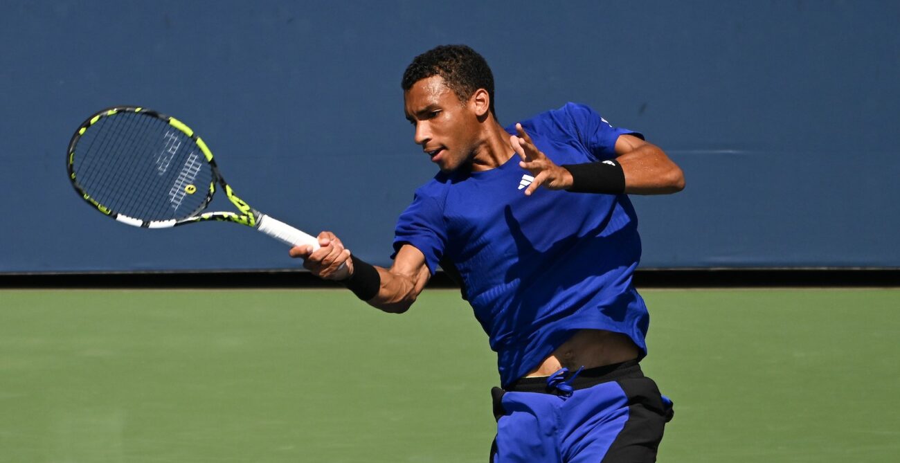 Felix Auger-Aliassime follows through on a forehand. He is competing at the Asian 1000 event in Shanghai this week.