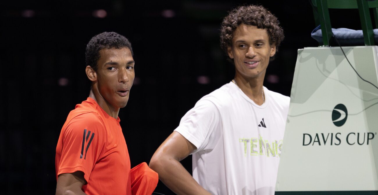 Felix Auger-Aliassime and Gabriel Diallo react to a shot in practice. They will both be part of Team Canada in Manchester at the Davis Cup this week.