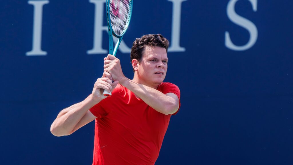 Milos Raonic follows through on a backhand. He, Rebecca Marino, Vasek Pospisil and Daniel Nestor will attend the Everyone Can Play gala in Calgary.