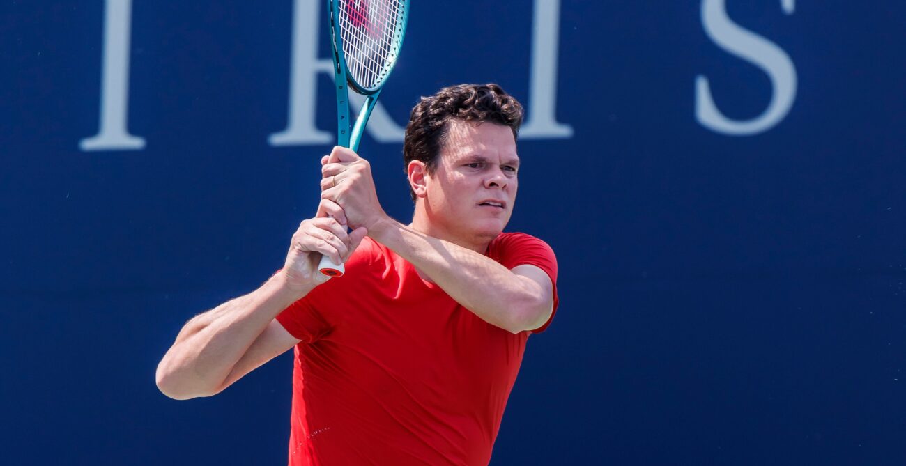 Milos Raonic follows through on a backhand. He, Rebecca Marino, Vasek Pospisil and Daniel Nestor will attend the Everyone Can Play gala in Calgary.