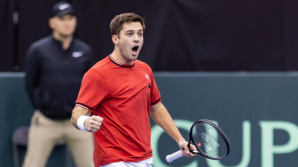 Alexis Galarneau pumps his fist and yells. He will play for Canada at the Davis Cup in September, replacing the injured Milos Raonic.