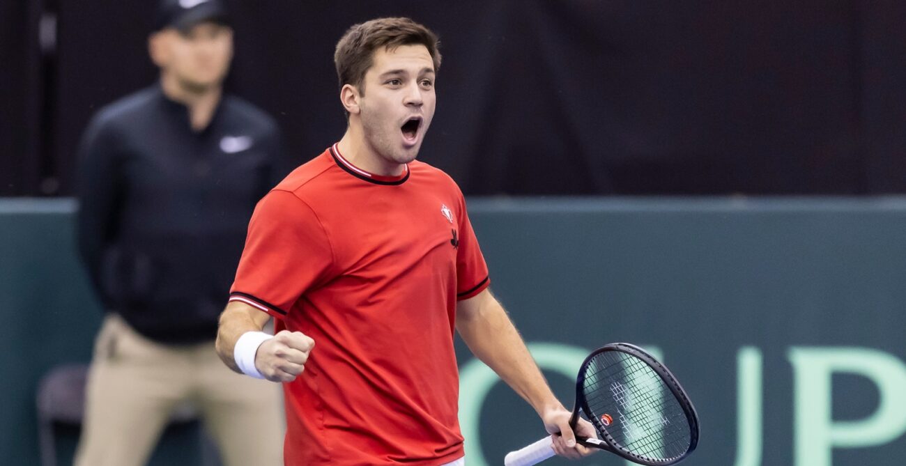 Alexis Galarneau pumps his fist and yells. He will play for Canada at the Davis Cup in September, replacing the injured Milos Raonic.