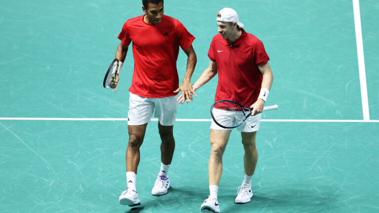 MANCHESTER, ENGLAND - SEPTEMBER 12: Felix Auger Aliassime and Denis Shapovalov of Canada celebrate during the 2024 Davis Cup Finals Group Stage