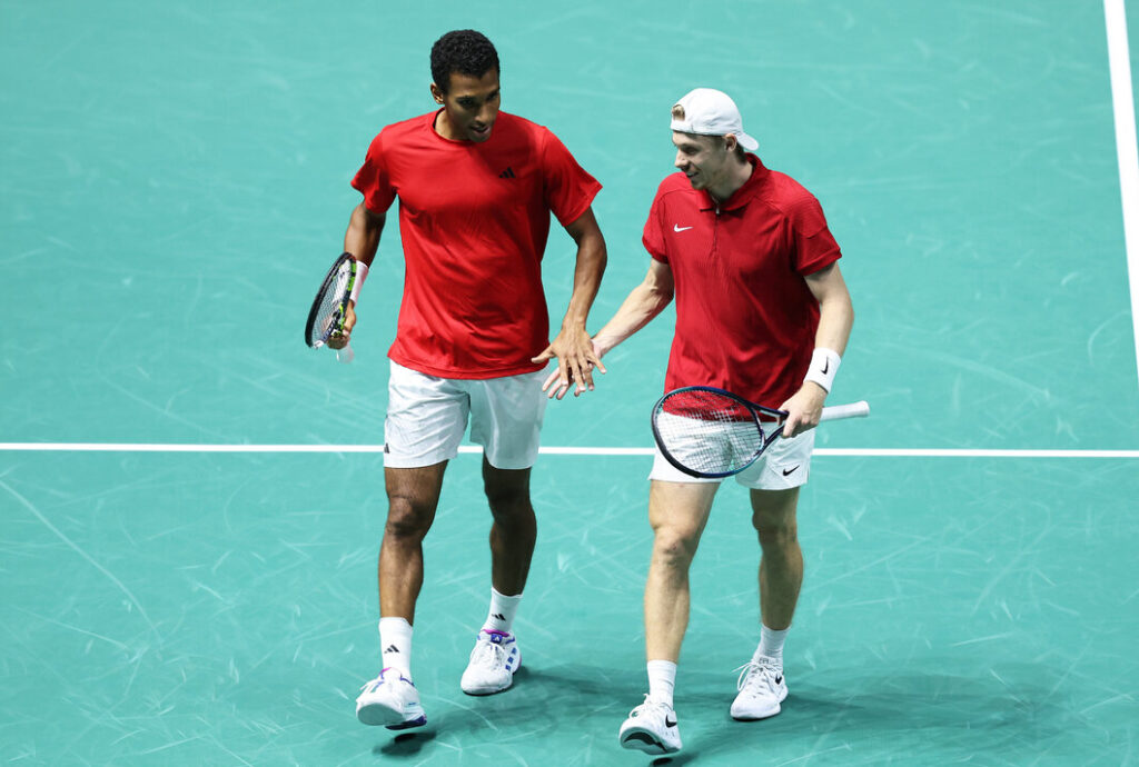 MANCHESTER, ENGLAND - SEPTEMBER 12: Felix Auger Aliassime and Denis Shapovalov of Canada celebrate during the 2024 Davis Cup Finals Group Stage