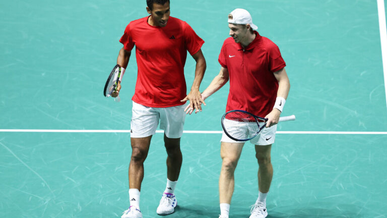 MANCHESTER, ENGLAND - SEPTEMBER 12: Felix Auger Aliassime and Denis Shapovalov of Canada celebrate during the 2024 Davis Cup Finals Group Stage