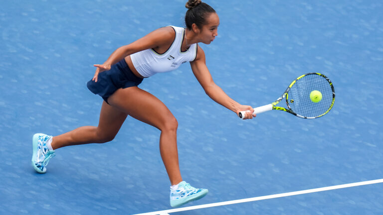 Leylah Fernandez hits a forehand volley at the 2024 National Bank Open