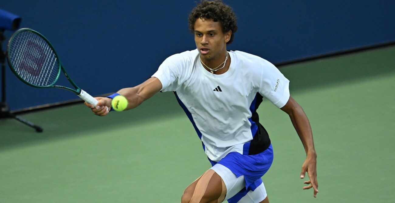 Gabriel Diallo lunges for a forehand. He lost to Karen Khachanov in the Almaty final on Sunday.