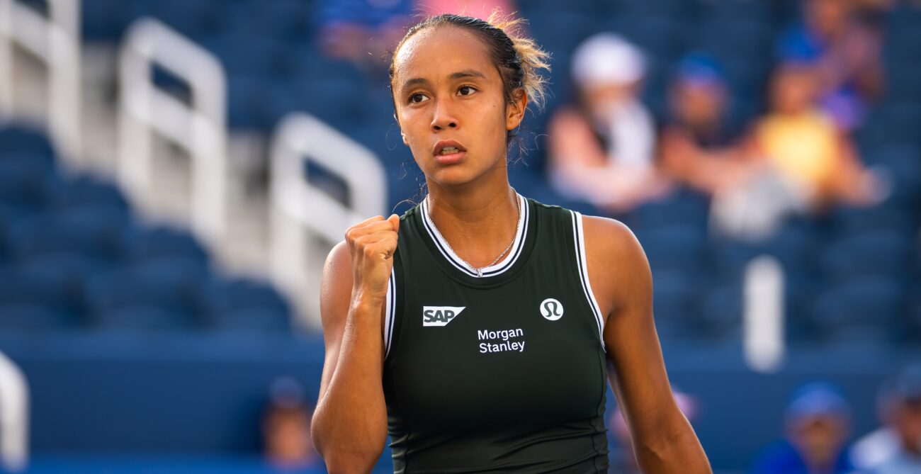 Leylah Fernandez pumps her first. She defeated Kamilla Rakhimova in Wuhan on Thursday in a three-set thriller.