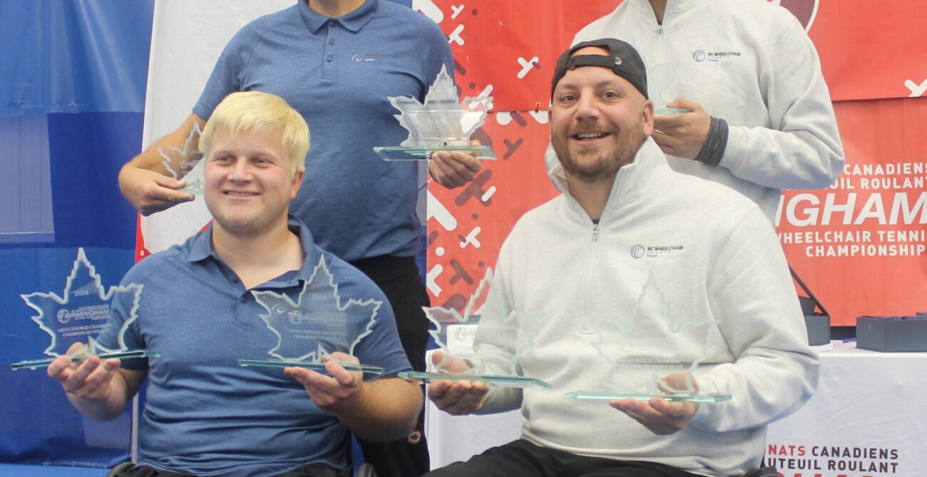 Thomas Venos (right) and Mitch McIntyre (left) hold up their trophies at the Birmingham Nationals. Frédérique Bérubé-Perron won the women's singles.