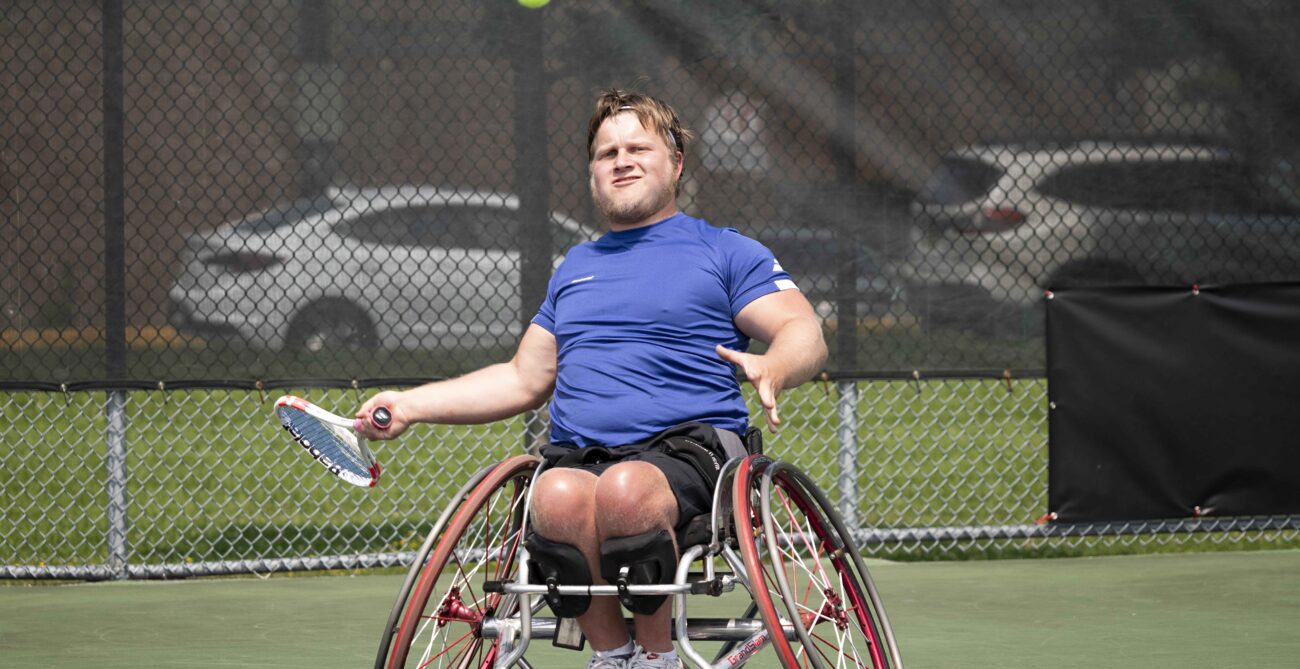 Thomas Venos winds up to hit a forehand. He is the top seed and defending champion at the Birmingham Nationals, Canada's wheelchair tennis championships.