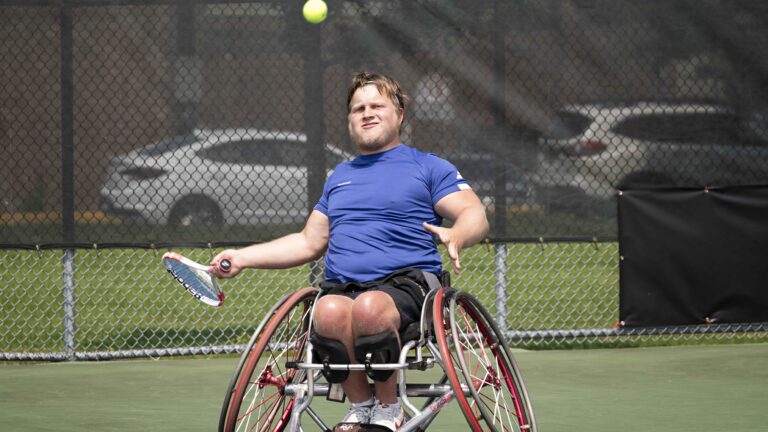 Thomas Venos winds up to hit a forehand. He is the top seed and defending champion at the Birmingham Nationals, Canada's wheelchair tennis championships.