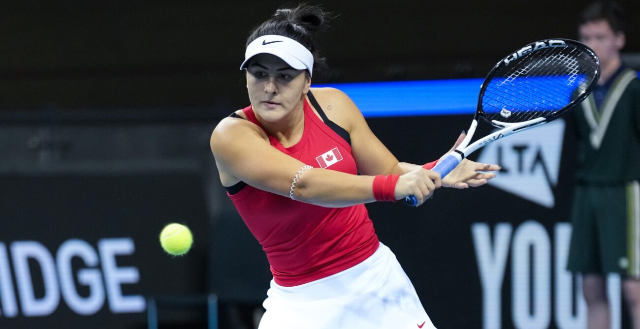 Bianca Andreescu winds up to hit a backhand at the Billie Jean King Cup.