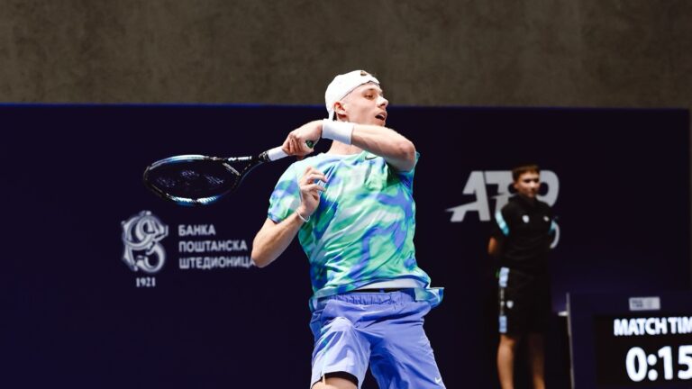 Denis Shapovalov follows through on a forehand in Belgrade. He beat Jiri Lehecka on Friday in the semis.