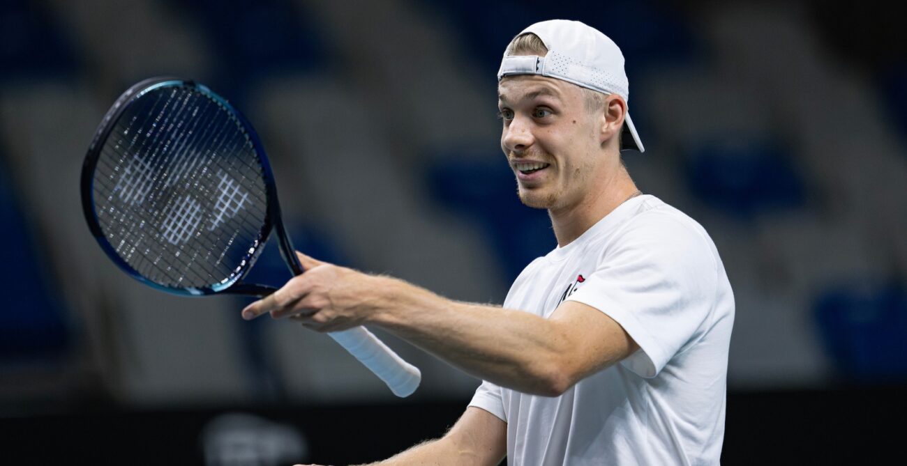 Denis Shapovalov gestures with his racquet during a Team Canada practice at the Davis Cup in Malaga.