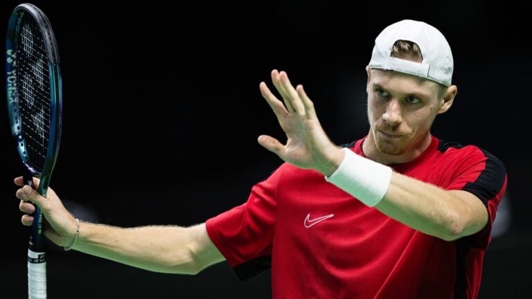 Denis Shapovalov raises his arms to acknowledge a mishit during Canada's quarter-final loss in Malaga.