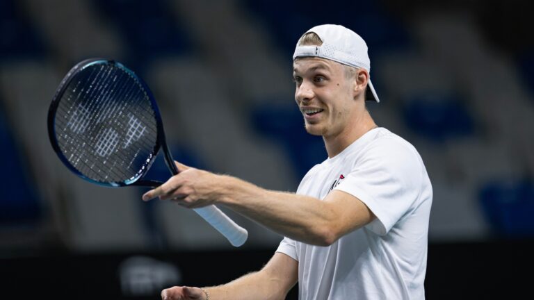 Denis Shapovalov gestures with his racquet during a Team Canada practice at the Davis Cup in Malaga.