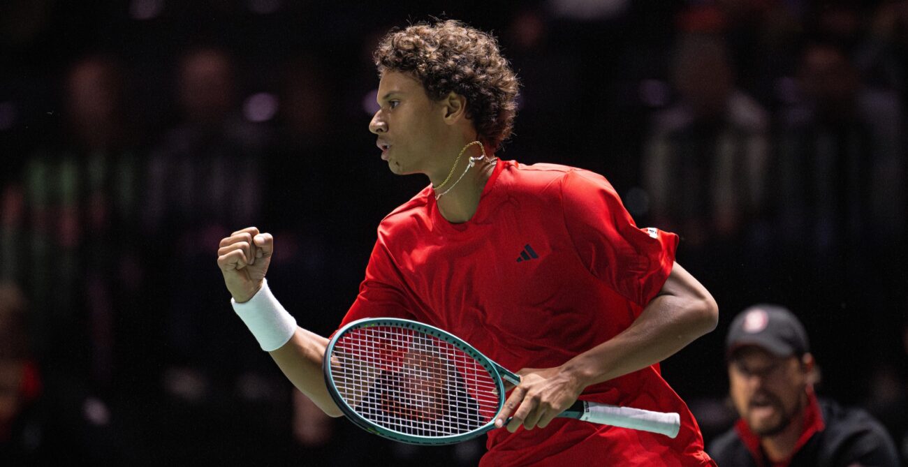 Gabriel Diallo pumps his fist during Canada's Davis Cup tie with Great Britain during the 2024 group stage.