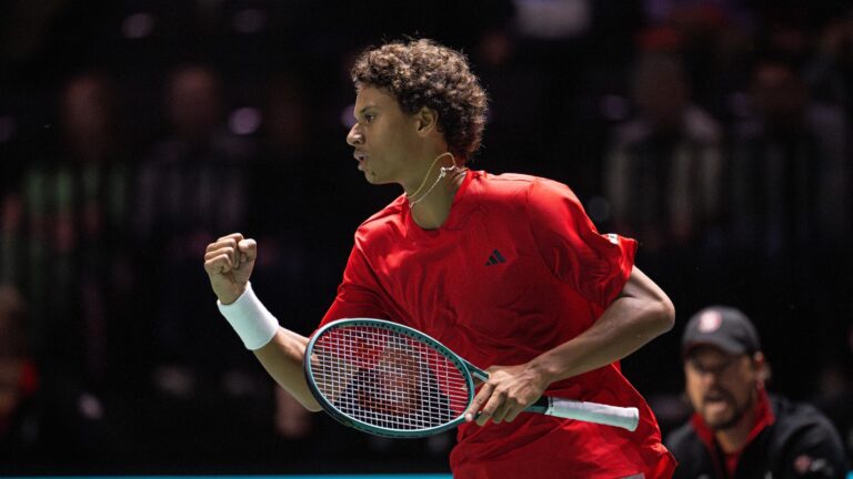 Gabriel Diallo pumps his fist during Canada's Davis Cup tie with Great Britain during the 2024 group stage.