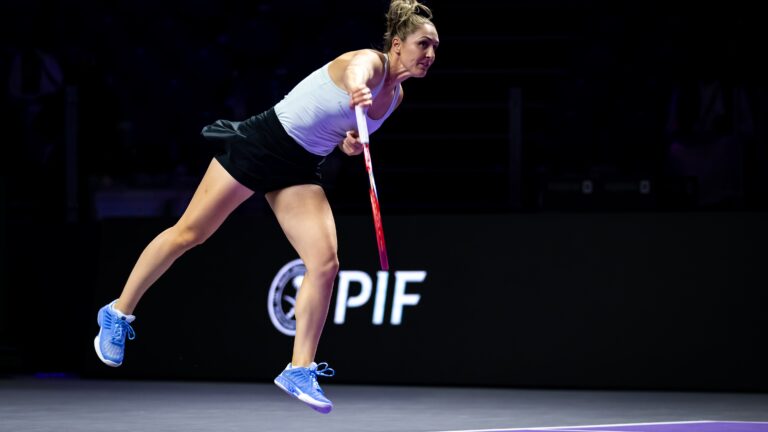 Gabriela Dabrowski hits a serve at the 2024 WTA Finals