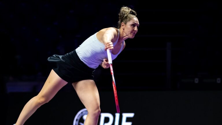 Gabriela Dabrowski hits a serve at the 2024 WTA Finals