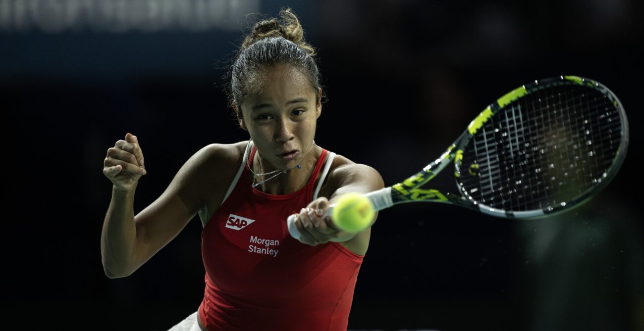 Leylah Fernandez hits a forehand during Canada's quarter-finals loss to Great Britain at the Billie Jean King Cup.