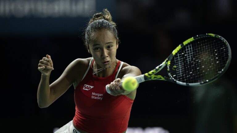 Leylah Fernandez hits a forehand during Canada's quarter-finals loss to Great Britain at the Billie Jean King Cup.