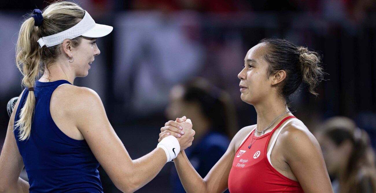 Leylah Fernandez (right) shakes hands with Katie Boulter (left) after Canada lost to Great Britain at the Billie Jean King Cup Finals on Sunday in Malaga.