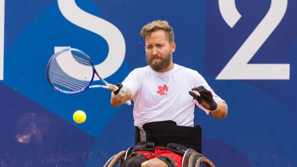 Rob Shaw hits a forehand. He was eliminated in the group stage from the wheelchair tennis masters.