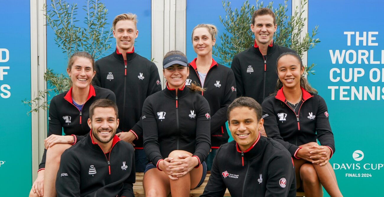 The Canadian Davis Cup and Billie Jean King Cup teams. Top row: Denis Shapovalov, Gabriela Dabrowski, Vasek Pospisil. Middle row: Rebecca Marino, Marina Stakusic, Leylah Annie Fernandez. From row: Alexis Galarneau, Gabriel Diallo. Canadian players achieved many professional milestones in 2024.