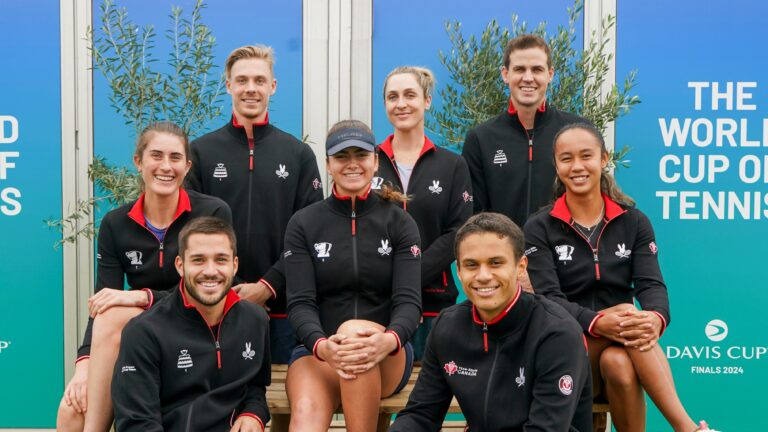 The Canadian Davis Cup and Billie Jean King Cup teams. Top row: Denis Shapovalov, Gabriela Dabrowski, Vasek Pospisil. Middle row: Rebecca Marino, Marina Stakusic, Leylah Annie Fernandez. From row: Alexis Galarneau, Gabriel Diallo. Canadian players achieved many professional milestones in 2024.