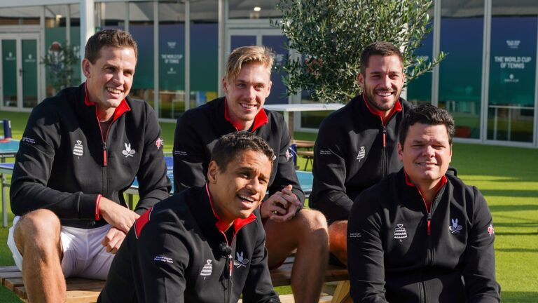 Back row: (from left to right) Vasek Pospisil, Denis Shapovalov, Alexis Galarneau. Front row: Gabriel Diallo (left) and Milos Raonic (Right). The members of Team Canada at the Davis Cup sit on a bench in the sun ahead of their tie with Germany.