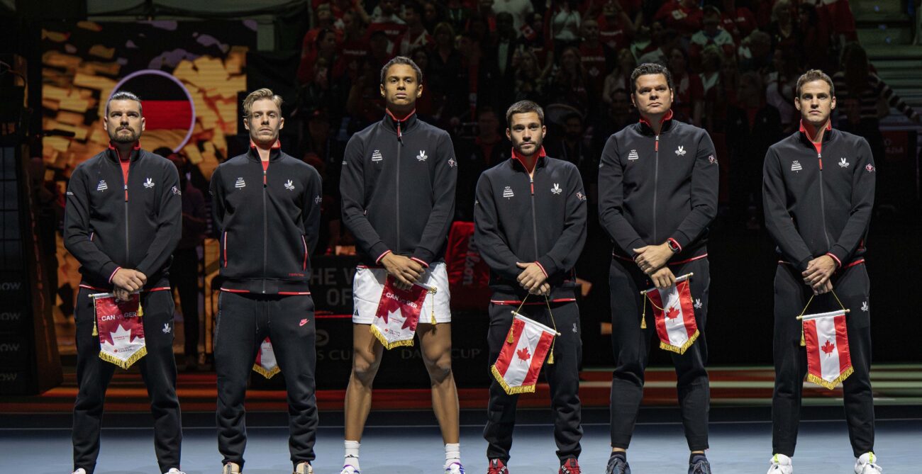 From left to right: Frank Dancevic, Denis Shapovalov, Gabriel Diallo, Alexis Galarneau, Milos Raonic, and Vasek Pospisil stand on court