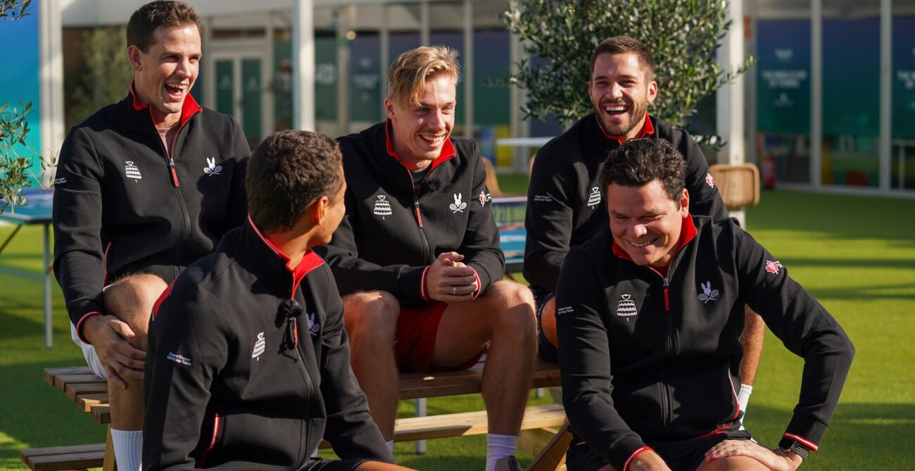 From left to right, Vasek Pospisil, Gabriel Diallo (head turned), Denis Shapovalov, Alexis Galarneau and Milos Raonic of Team Canada share a laugh ahead of the Davis Cup as part of the World Cup of Tennis.