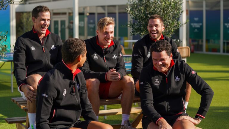 From left to right, Vasek Pospisil, Gabriel Diallo (head turned), Denis Shapovalov, Alexis Galarneau and Milos Raonic of Team Canada share a laugh ahead of the Davis Cup as part of the World Cup of Tennis.