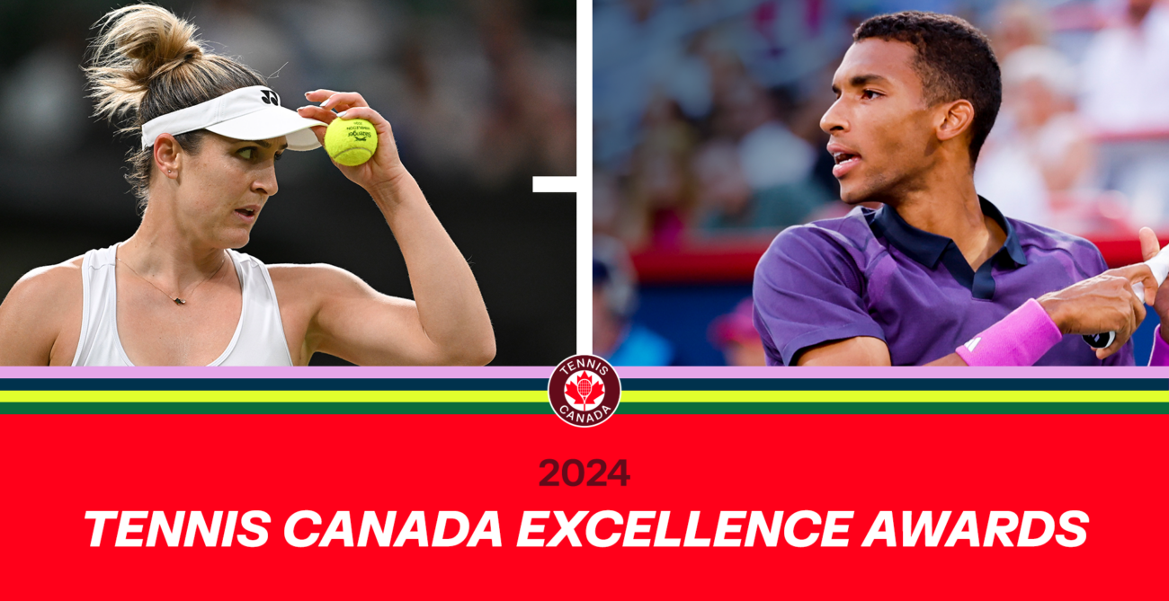 Left square: Gabriela Dabrowski adjusts her visor. Right square: Felix Auger-Aliassime follows through on a forehand. Text reads: 2024 Tennis Canada Excellence Awards.