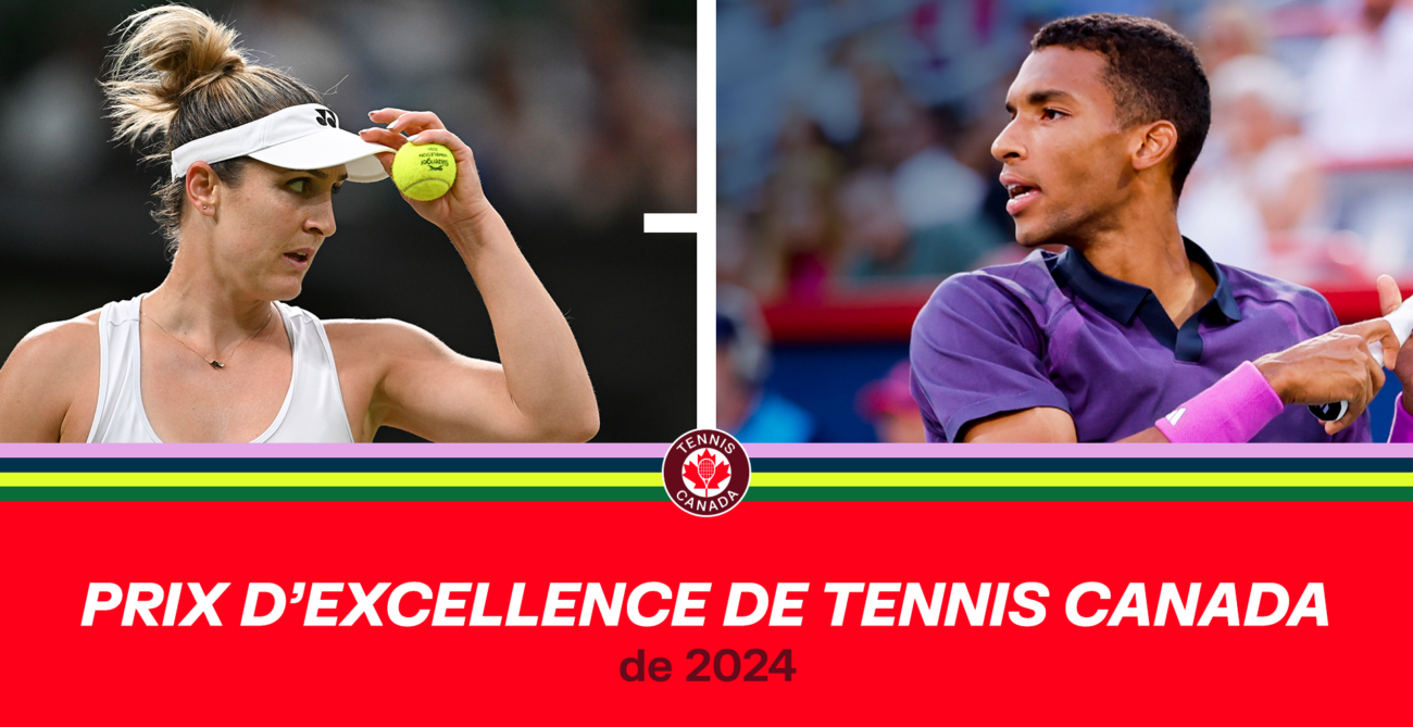 Gauche: Gabriela Dabrowski. Droite: Felix Auger-Aliassime. Texte: Prix d’excellence de Tennis Canada 2024