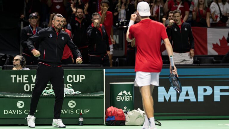 Frank Dancevic (left, facing Camera) reacts to Denis Shapovalov (right, back to camera) during Team Canada's Davis Cup Finals loss to Germany. Canada will host Hungary in Davis Cup Qualifiers in early 2025.