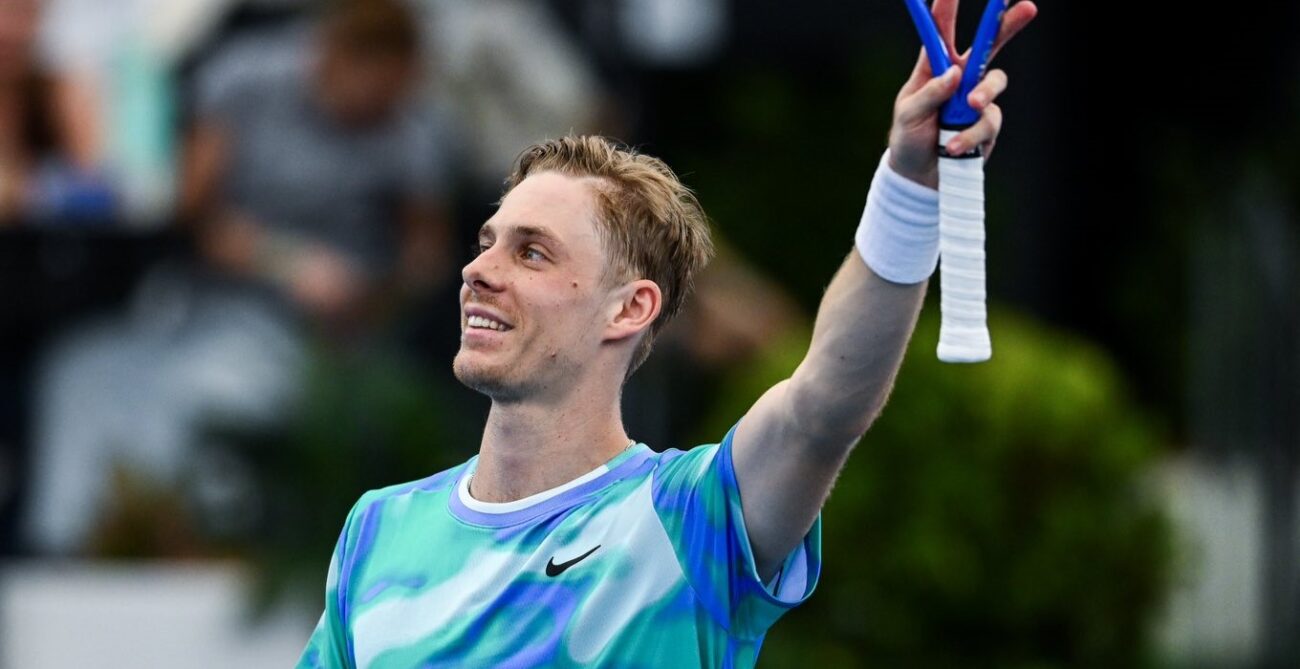 Denis Shapovalov raises his racket over his head. He is one of five Canadians to pick up wins in the opening weeks of the 2025 season.